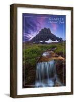 Glacier National Park, Montana - Mt. Reynolds and Waterfall-Lantern Press-Framed Art Print