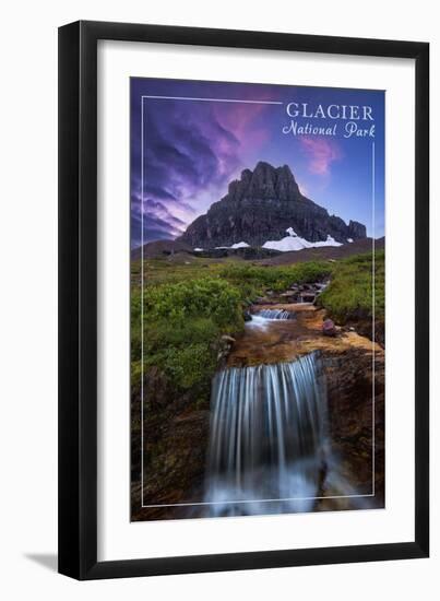 Glacier National Park, Montana - Mt. Reynolds and Waterfall-Lantern Press-Framed Art Print