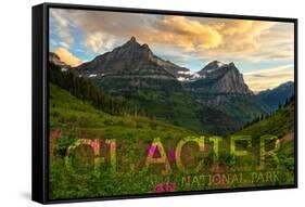 Glacier National Park, Montana - Sunset and Flowers (Horizonal Version)-Lantern Press-Framed Stretched Canvas