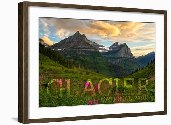 Glacier National Park, Montana - Sunset and Flowers (Horizonal Version)-Lantern Press-Framed Art Print