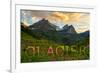 Glacier National Park, Montana - Sunset and Flowers (Horizonal Version)-Lantern Press-Framed Premium Giclee Print