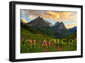 Glacier National Park, Montana - Sunset and Flowers (Horizonal Version)-Lantern Press-Framed Art Print