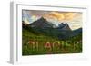 Glacier National Park, Montana - Sunset and Flowers (Horizonal Version)-Lantern Press-Framed Art Print