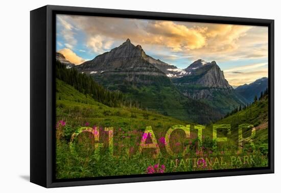 Glacier National Park, Montana - Sunset and Flowers (Horizonal Version)-Lantern Press-Framed Stretched Canvas