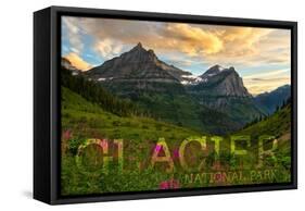 Glacier National Park, Montana - Sunset and Flowers (Horizonal Version)-Lantern Press-Framed Stretched Canvas