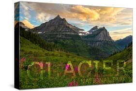 Glacier National Park, Montana - Sunset and Flowers (Horizonal Version)-Lantern Press-Stretched Canvas