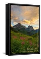 Glacier National Park, Montana - Sunset and Flowers-Lantern Press-Framed Stretched Canvas