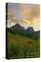 Glacier National Park, Montana - Sunset and Flowers-Lantern Press-Stretched Canvas