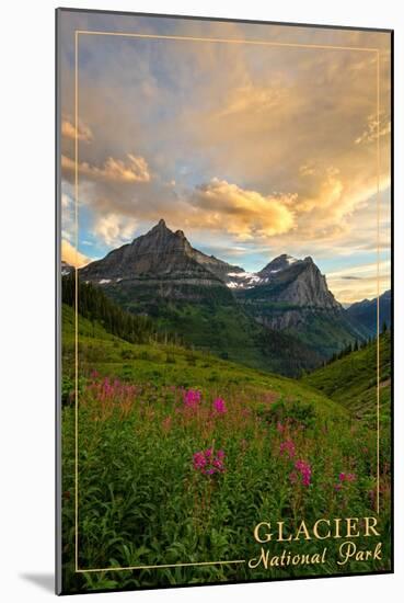 Glacier National Park, Montana - Sunset and Flowers-Lantern Press-Mounted Art Print