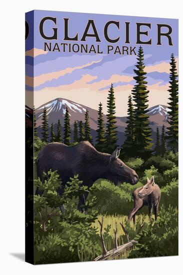 Glacier National Park - Moose and Baby Calf-Lantern Press-Stretched Canvas