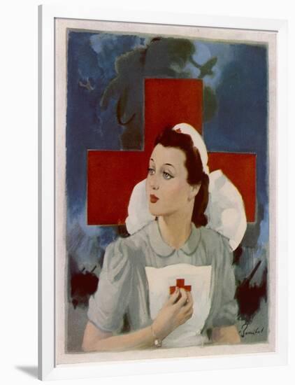 Glamorous Red Cross Nurse Posing in Front of a Cross and Spitfire-null-Framed Art Print