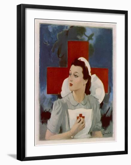 Glamorous Red Cross Nurse Posing in Front of a Cross and Spitfire-null-Framed Art Print