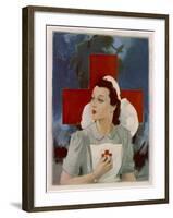 Glamorous Red Cross Nurse Posing in Front of a Cross and Spitfire-null-Framed Art Print