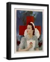 Glamorous Red Cross Nurse Posing in Front of a Cross and Spitfire-null-Framed Art Print