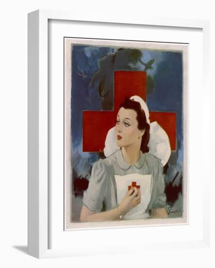 Glamorous Red Cross Nurse Posing in Front of a Cross and Spitfire-null-Framed Art Print