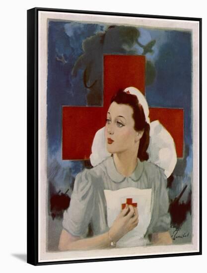 Glamorous Red Cross Nurse Posing in Front of a Cross and Spitfire-null-Framed Stretched Canvas