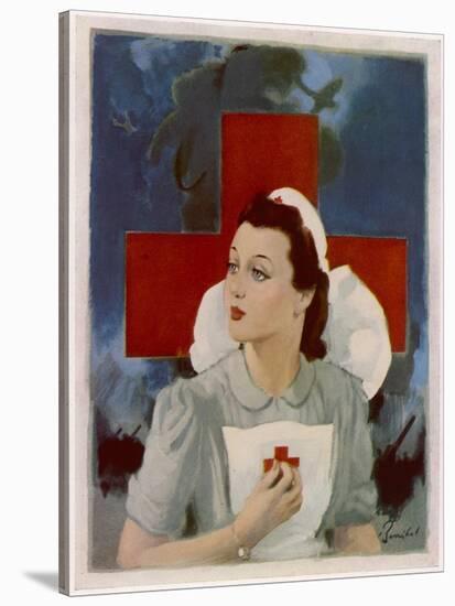 Glamorous Red Cross Nurse Posing in Front of a Cross and Spitfire-null-Stretched Canvas