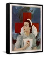 Glamorous Red Cross Nurse Posing in Front of a Cross and Spitfire-null-Framed Stretched Canvas