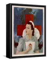 Glamorous Red Cross Nurse Posing in Front of a Cross and Spitfire-null-Framed Stretched Canvas