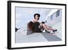 Glamorous Woman in 1940's Style Attire Sitting on a Vintage Aircraft-null-Framed Photographic Print
