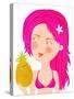 Glamour Girl in Bikini with Pineapple Illustration-smilewithjul-Stretched Canvas