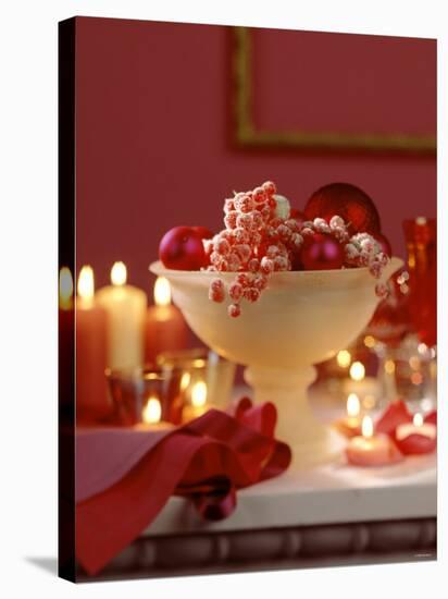 Glass Bowl of Berries & Xmas Baubles as Table Decoration-Luzia Ellert-Stretched Canvas