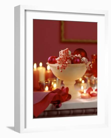 Glass Bowl of Berries & Xmas Baubles as Table Decoration-Luzia Ellert-Framed Photographic Print