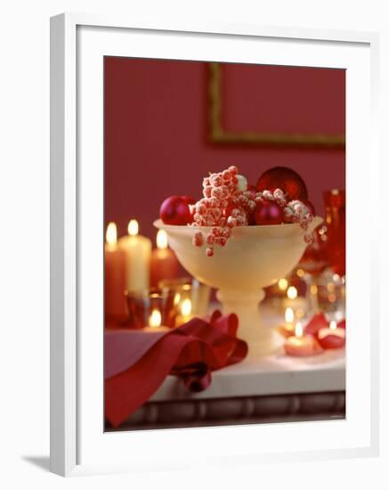 Glass Bowl of Berries & Xmas Baubles as Table Decoration-Luzia Ellert-Framed Photographic Print