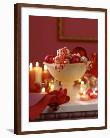 Glass Bowl of Berries & Xmas Baubles as Table Decoration-Luzia Ellert-Framed Photographic Print