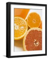 Glass of Orange Juice, Grapefruit and Oranges-null-Framed Photographic Print