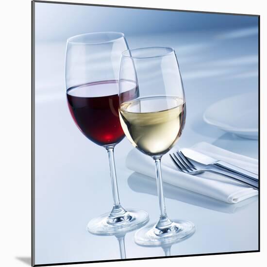 Glass of White Wine and Glass of Red Wine Beside Place-Setting-Alexander Feig-Mounted Photographic Print