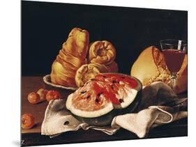 Glass of Wine, Watermelon and Bread-Luis Egidio Melendez-Mounted Giclee Print