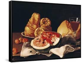 Glass of Wine, Watermelon and Bread-Luis Egidio Melendez-Framed Stretched Canvas