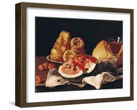 Glass of Wine, Watermelon and Bread-Luis Egidio Melendez-Framed Giclee Print