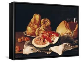 Glass of Wine, Watermelon and Bread-Luis Egidio Melendez-Framed Stretched Canvas