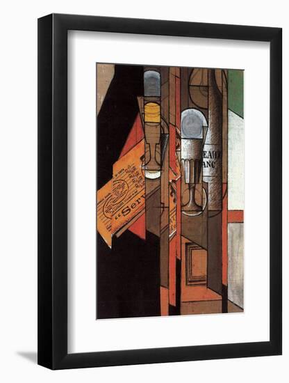 Glasses, Newspaper, and Bottle of Wine-Juan Gris-Framed Art Print