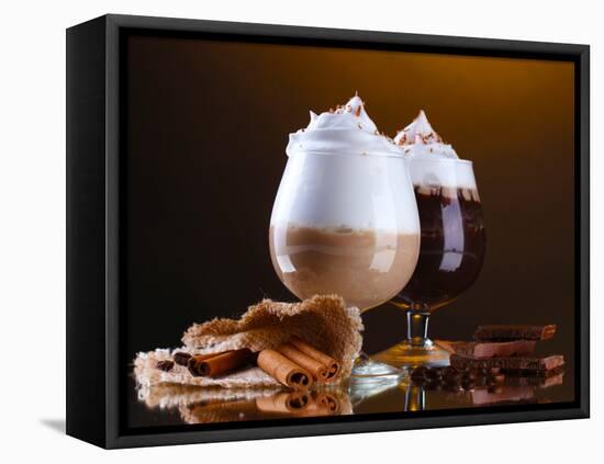 Glasses Of Coffee Cocktail On Brown Background-Yastremska-Framed Stretched Canvas