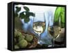 Glasses of White Wine on Table With River Relected in Glass, Loire, France, Europe-John Miller-Framed Stretched Canvas