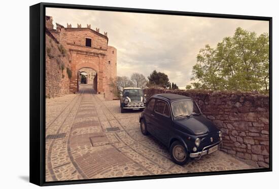 Glimpse of Spello with Vintage Cars in the Foreground, Spello, Perugia District, Umbria, Italy-ClickAlps-Framed Stretched Canvas