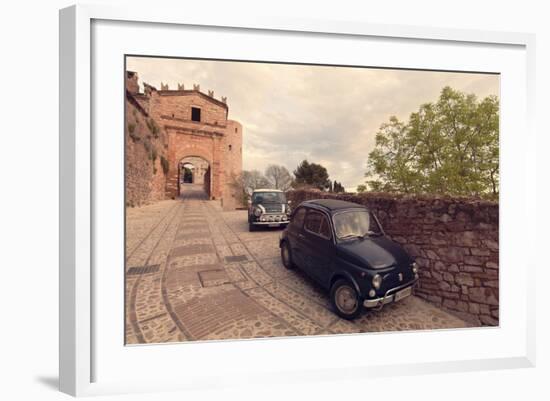 Glimpse of Spello with Vintage Cars in the Foreground, Spello, Perugia District, Umbria, Italy-ClickAlps-Framed Photographic Print