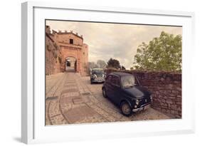 Glimpse of Spello with Vintage Cars in the Foreground, Spello, Perugia District, Umbria, Italy-ClickAlps-Framed Photographic Print