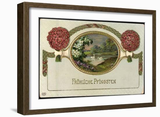 Glitzer Präge Glückwunsch Pfingsten, Teich, Schwäne-null-Framed Giclee Print