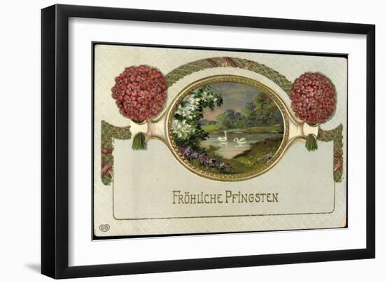 Glitzer Präge Glückwunsch Pfingsten, Teich, Schwäne-null-Framed Giclee Print