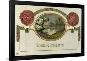 Glitzer Präge Glückwunsch Pfingsten, Teich, Schwäne-null-Framed Giclee Print