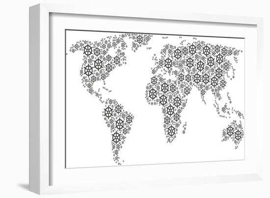 Global World Map Concept Combined of Boat Steering Wheel Icons. Vector Boat Steering Wheel Items Ar-Aha-Soft-Framed Art Print