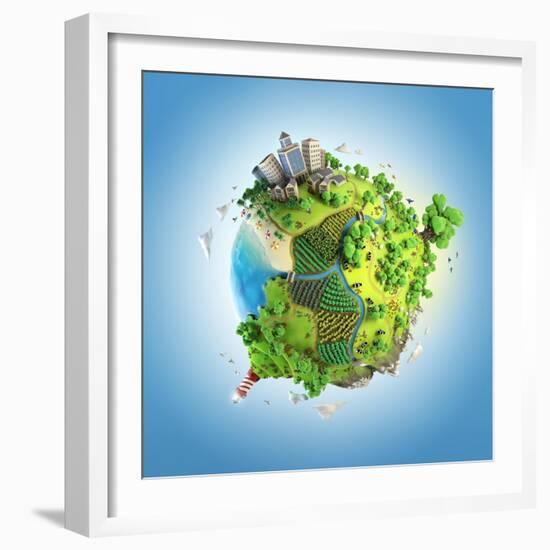 Globe Concept Showing a Green, Peaceful and Idyllic Life Style in the World in a Cartoon Style-Pablo Scapinachis-Framed Art Print