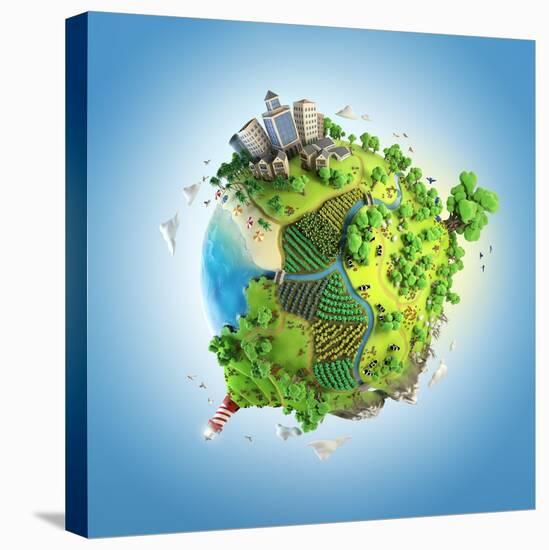 Globe Concept Showing a Green, Peaceful and Idyllic Life Style in the World in a Cartoon Style-Pablo Scapinachis-Stretched Canvas