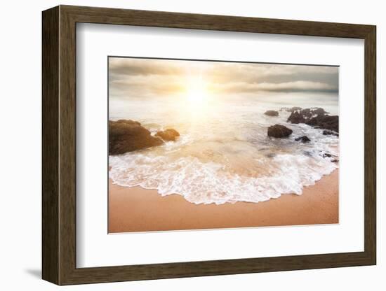 Glorious Sunrise Scene at the Ocean with the Sun, Clouds and a Beautiful Little White Wave on the S-Smileus-Framed Photographic Print