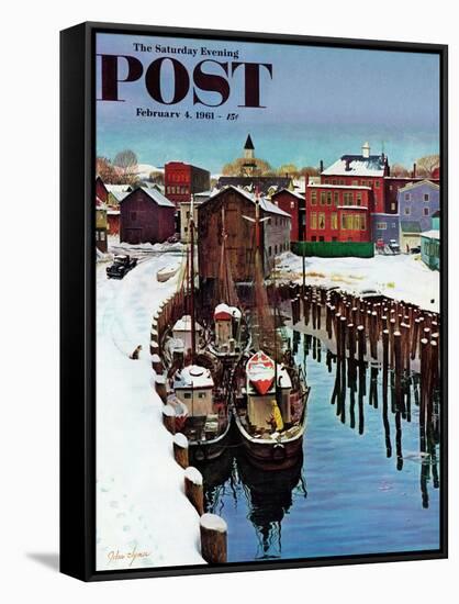 "Gloucester Harbor in Winter," Saturday Evening Post Cover, February 4, 1961-John Clymer-Framed Stretched Canvas