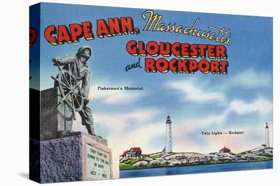 Gloucester, Massachusetts, View of Fisherman's Memorial, Twin Lights-Lantern Press-Stretched Canvas